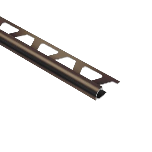 Brushed antique bronze anodized aluminum tile edge trim with perforated anchoring leg for flooring and tile installation