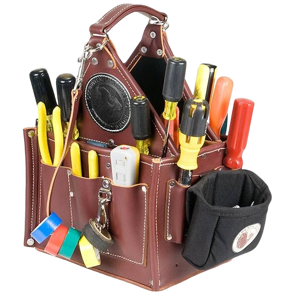 Leather tool tote with multiple compartments holding screwdrivers, pliers, tapes, and electrical tester for workshop organization