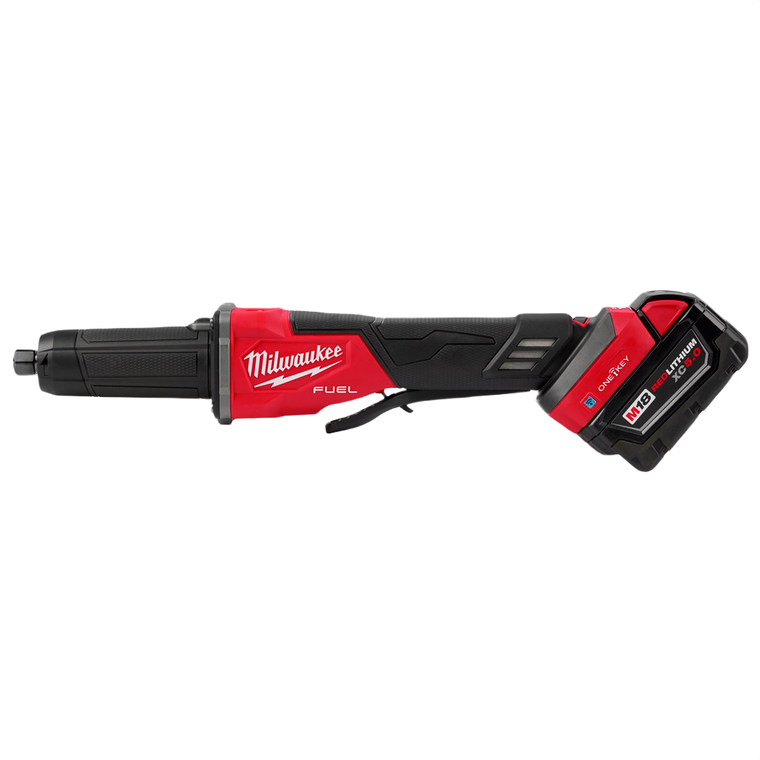 Cordless red and black die grinder with variable speed paddle switch and rechargeable battery for tools and home improvement use