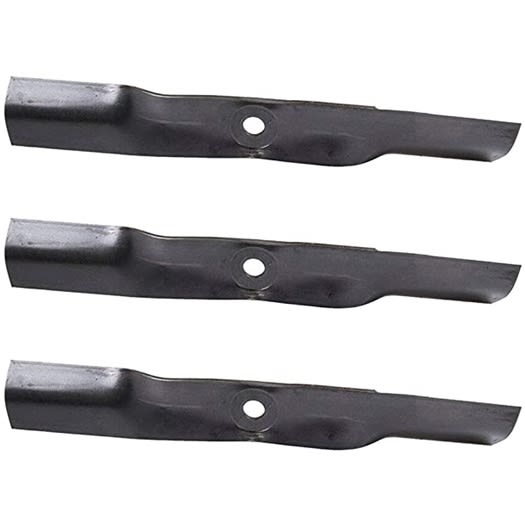 Set of three black steel mower blades with central mounting holes for lawn mower maintenance and tools use