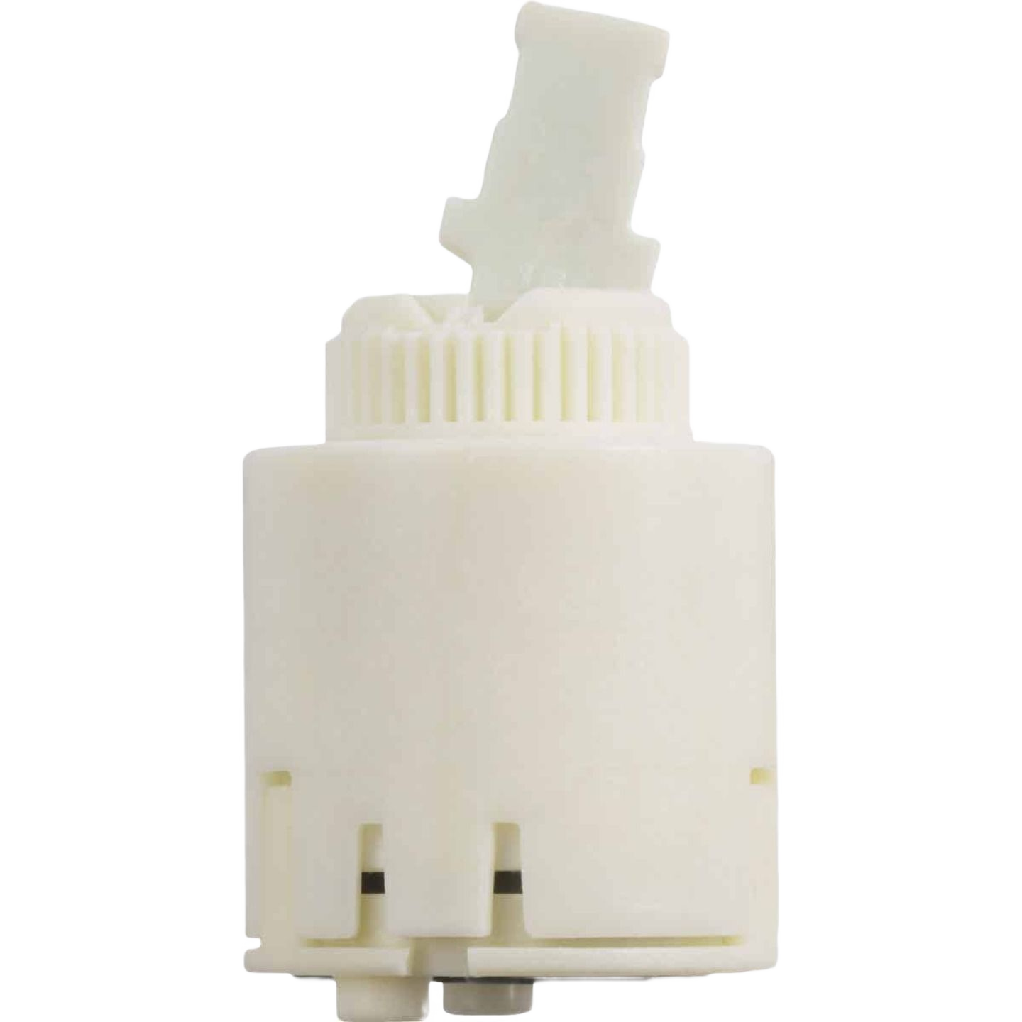 White plastic valve cartridge for single-handle faucets, part of plumbing and faucet repair supplies under $50.