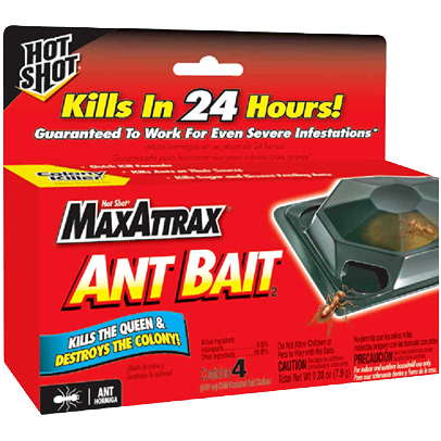 Red and black box of ant bait stations with bold yellow and white text, pest control product under $50 for indoor use