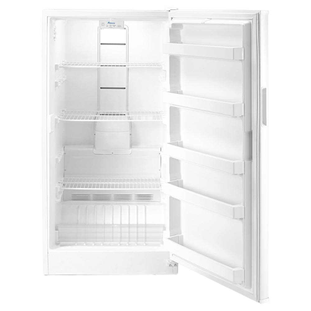 Open white upright freezer with wire shelves, door bins, and energy-efficient design in Freezers & Ice Makers collection