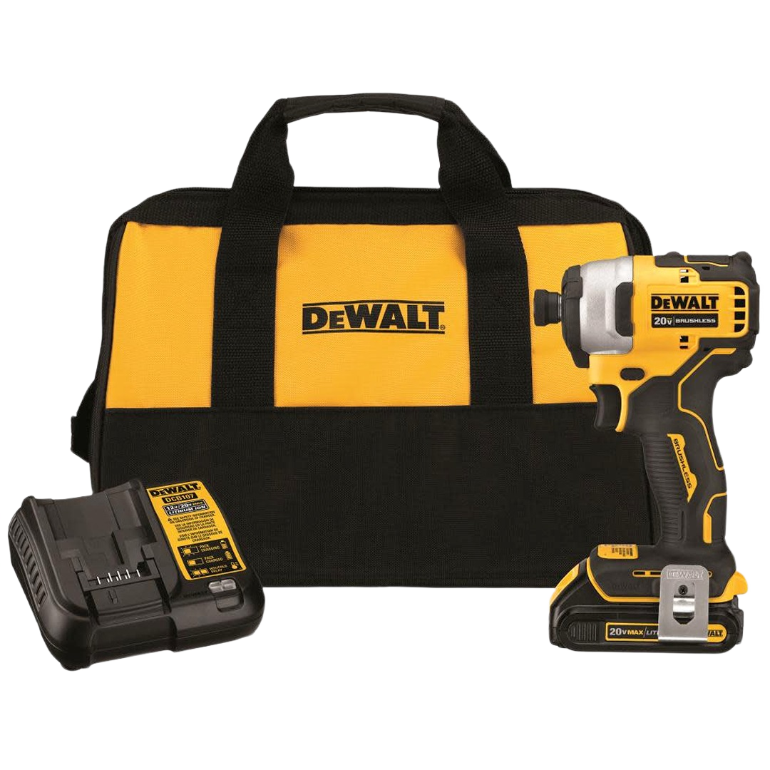 Compact cordless impact driver with battery, charger, and black and yellow carrying bag for home improvement tasks