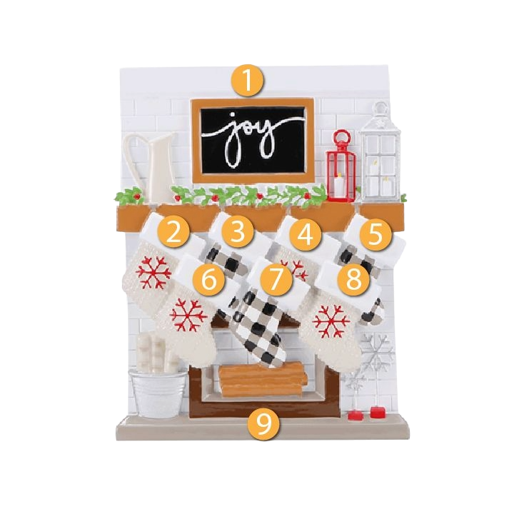 Cozy fireplace ornament with seven personalized stockings hanging below a "joy" sign, festive Christmas décor under $50