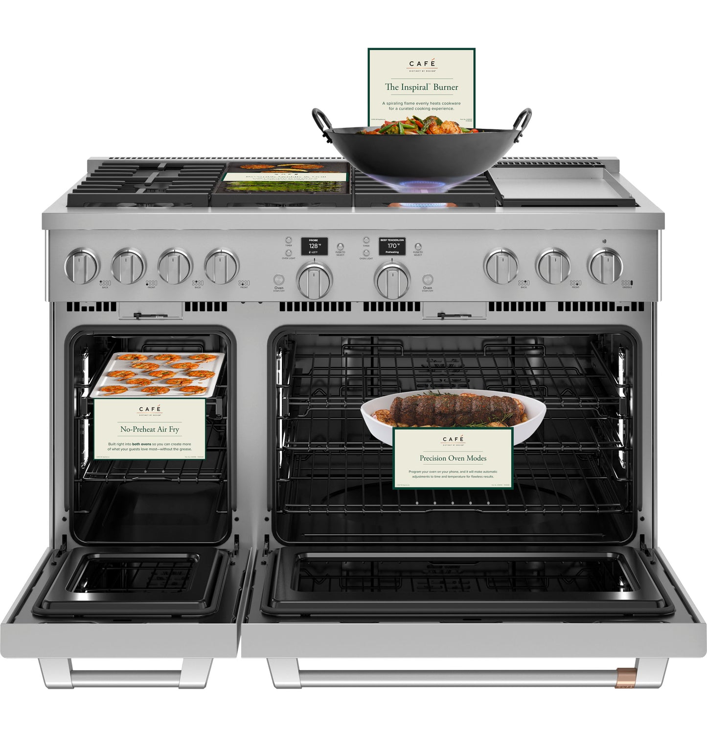 Front view of stainless steel dual-fuel range with six burners, griddle, and double ovens from kitchen appliances collection