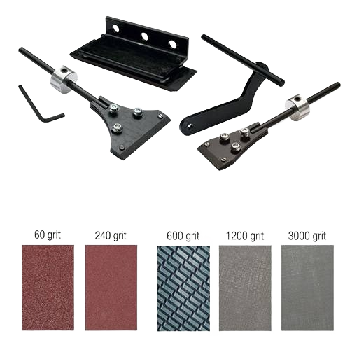 Knife sharpening accessory kit with adjustable guides and multiple grit sandpaper for precise edge honing in tools and home improvement