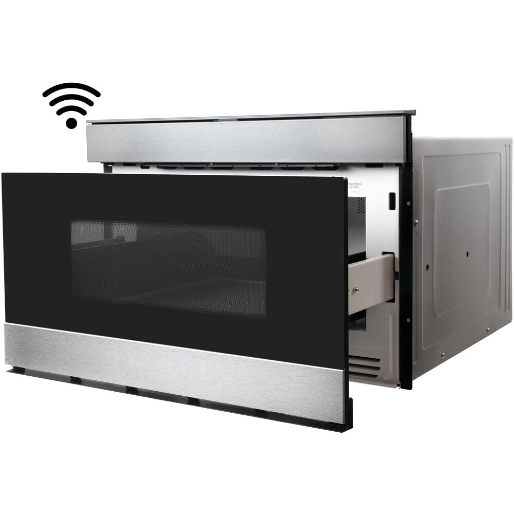 Built-in flat panel microwave drawer with stainless steel trim, Easy Wave Open, and Wi-Fi connectivity for smart kitchens