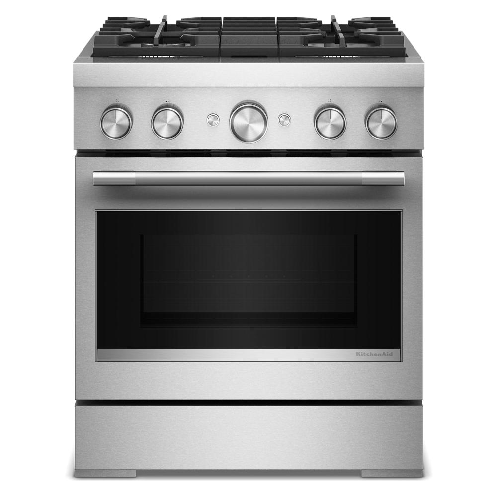 30-inch stainless steel dual fuel range with four gas burners, electric oven, and commercial-style design from KitchenAid