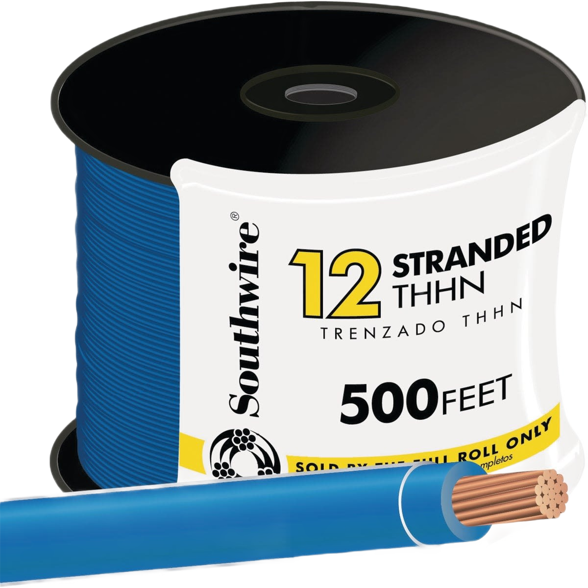 Spool of blue 12 AWG stranded THHN wire with exposed copper strands for electrical and home improvement projects