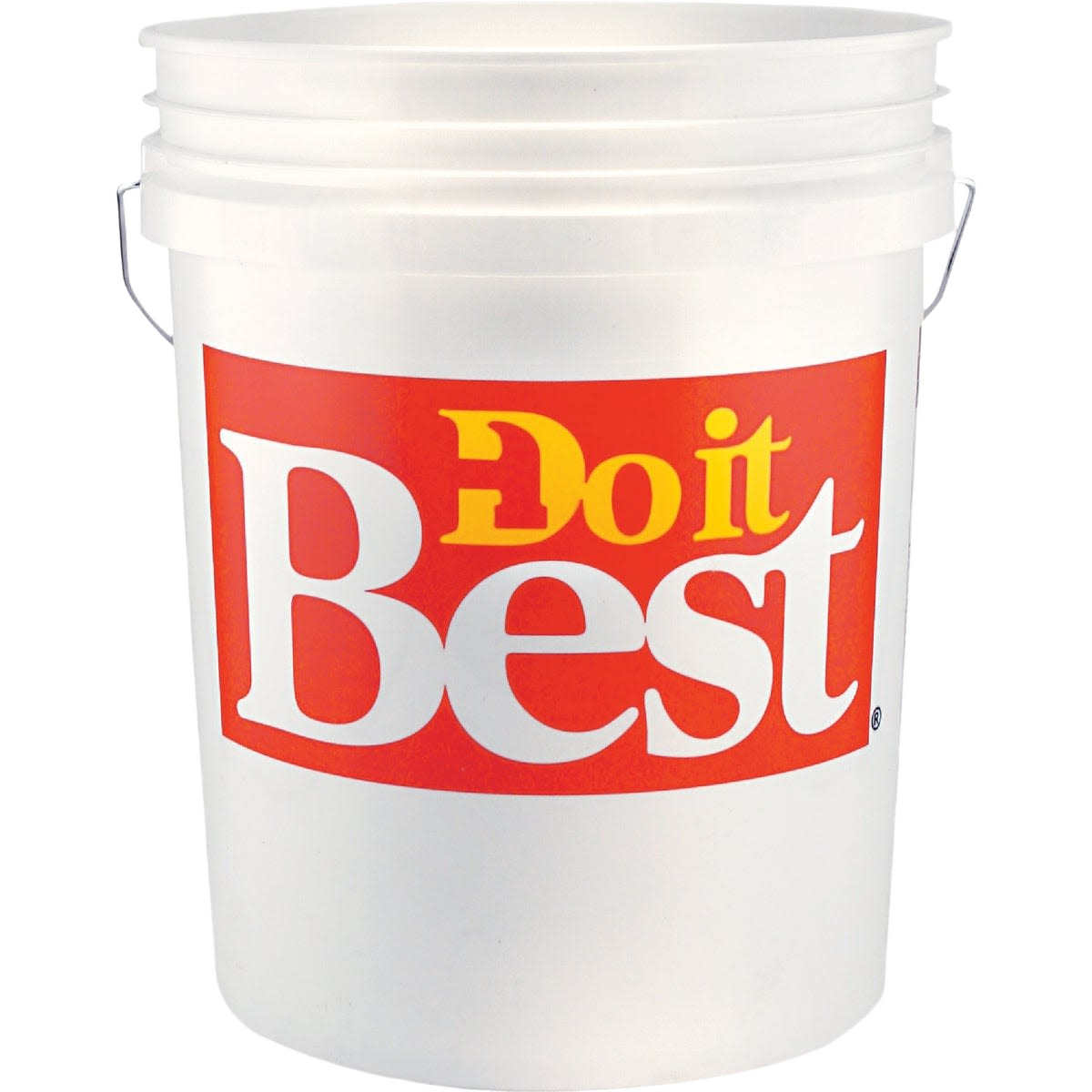 White plastic 5 gallon storage bucket with sturdy metal handle for versatile home improvement tasks and tool organization