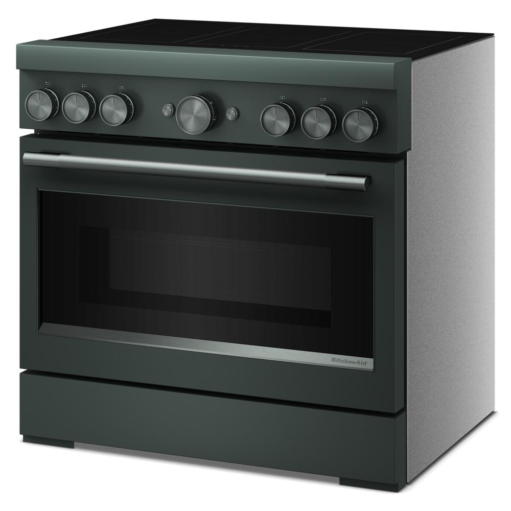 Matte black 36-inch freestanding induction range with six control knobs and large oven window for home improvement tools