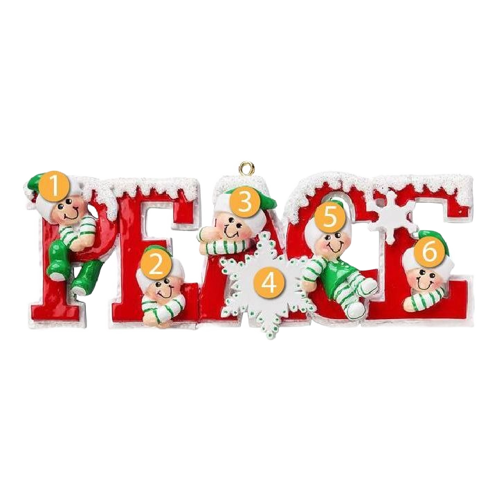 Holiday ornament spelling "Peace" in red with snow accents and playful elf figures, from Christmas Ornaments & Tree Decorations collection under $50