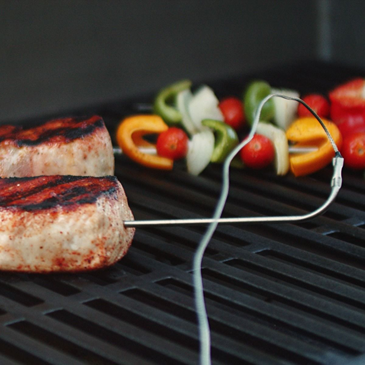 Probe thermometer inserted into grilled meat with colorful vegetable skewers on outdoor BBQ grill