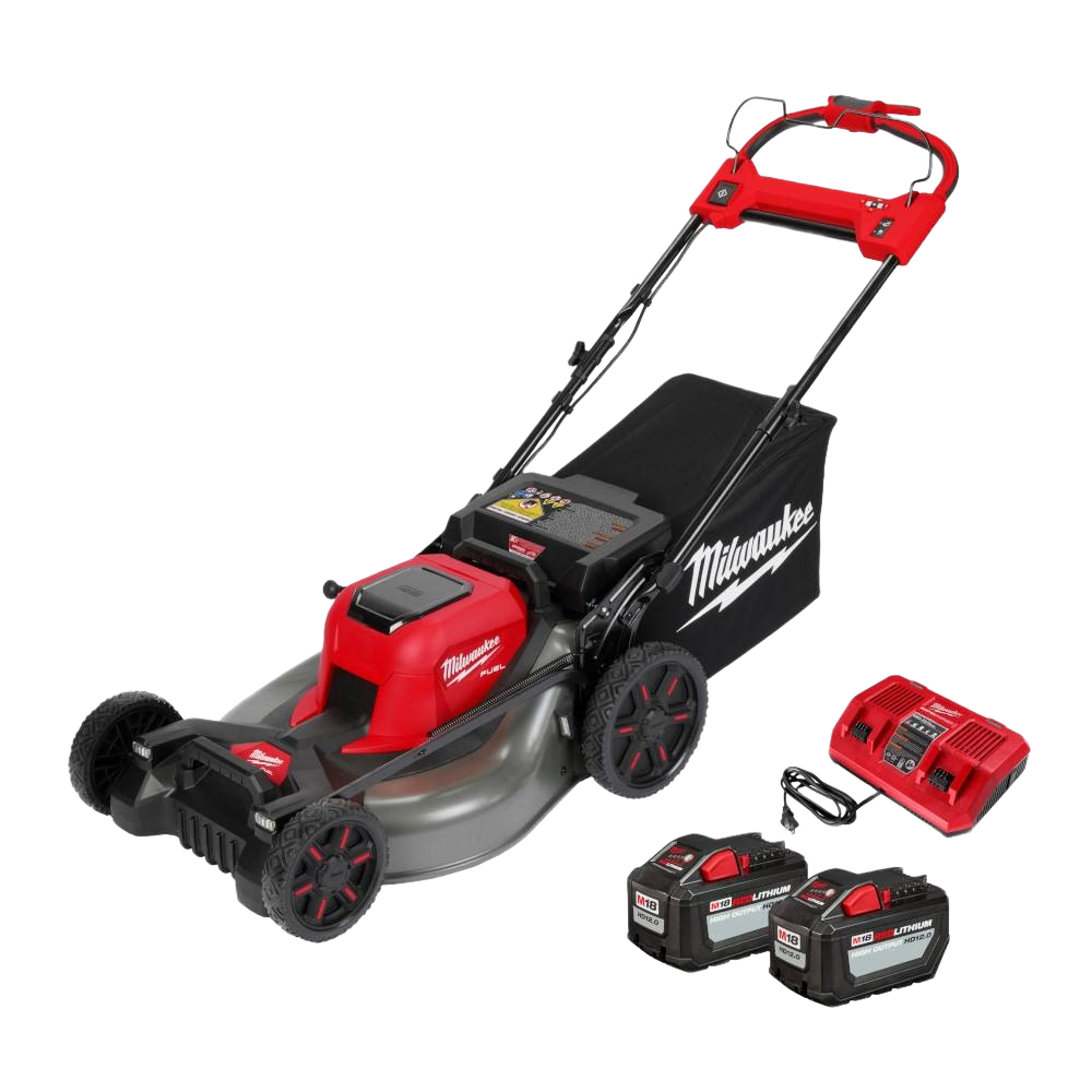 Red and black self-propelled lawn mower with dual batteries and charger for home improvement tasks