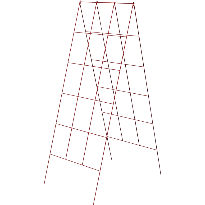 Red heavy-duty wire A-frame plant support designed for climbing plants in outdoor living and lawn garden settings