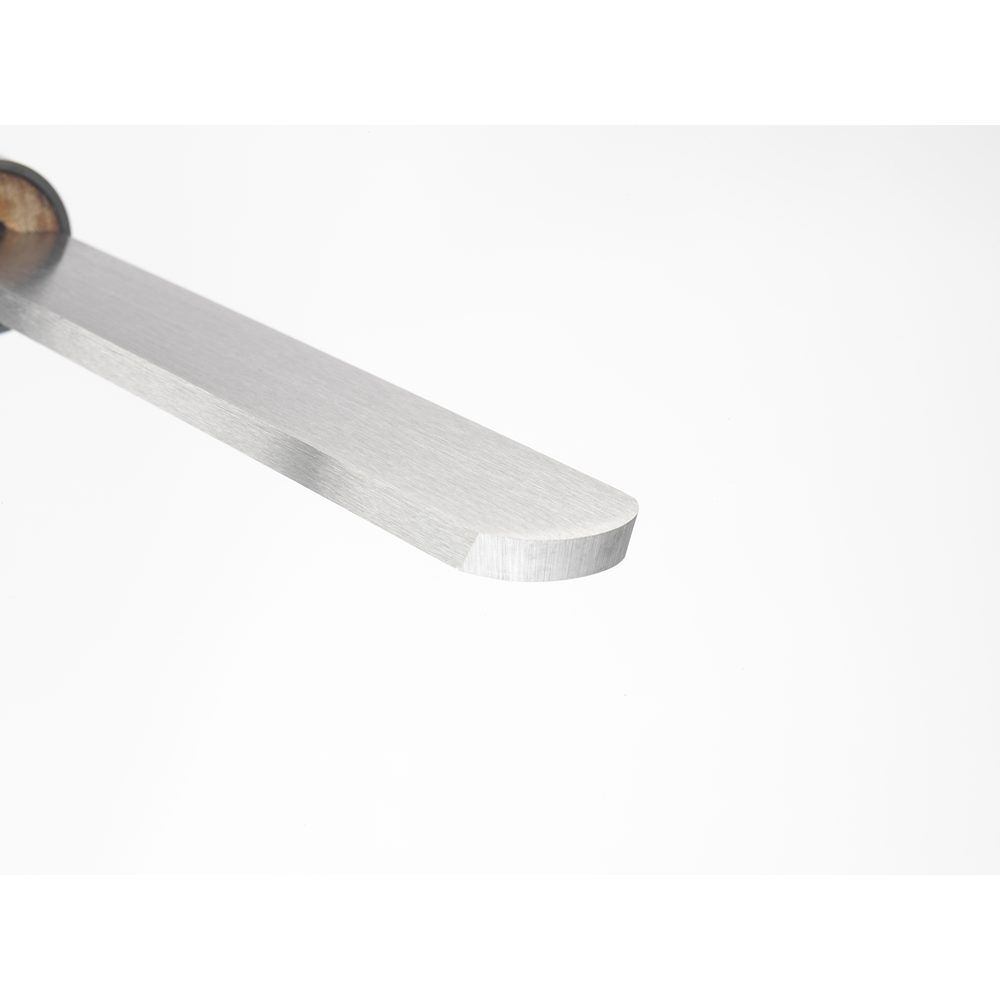 Close-up of a 1-inch high-speed steel domed scraper blade with smooth beech wood handle in woodworking tools collection.