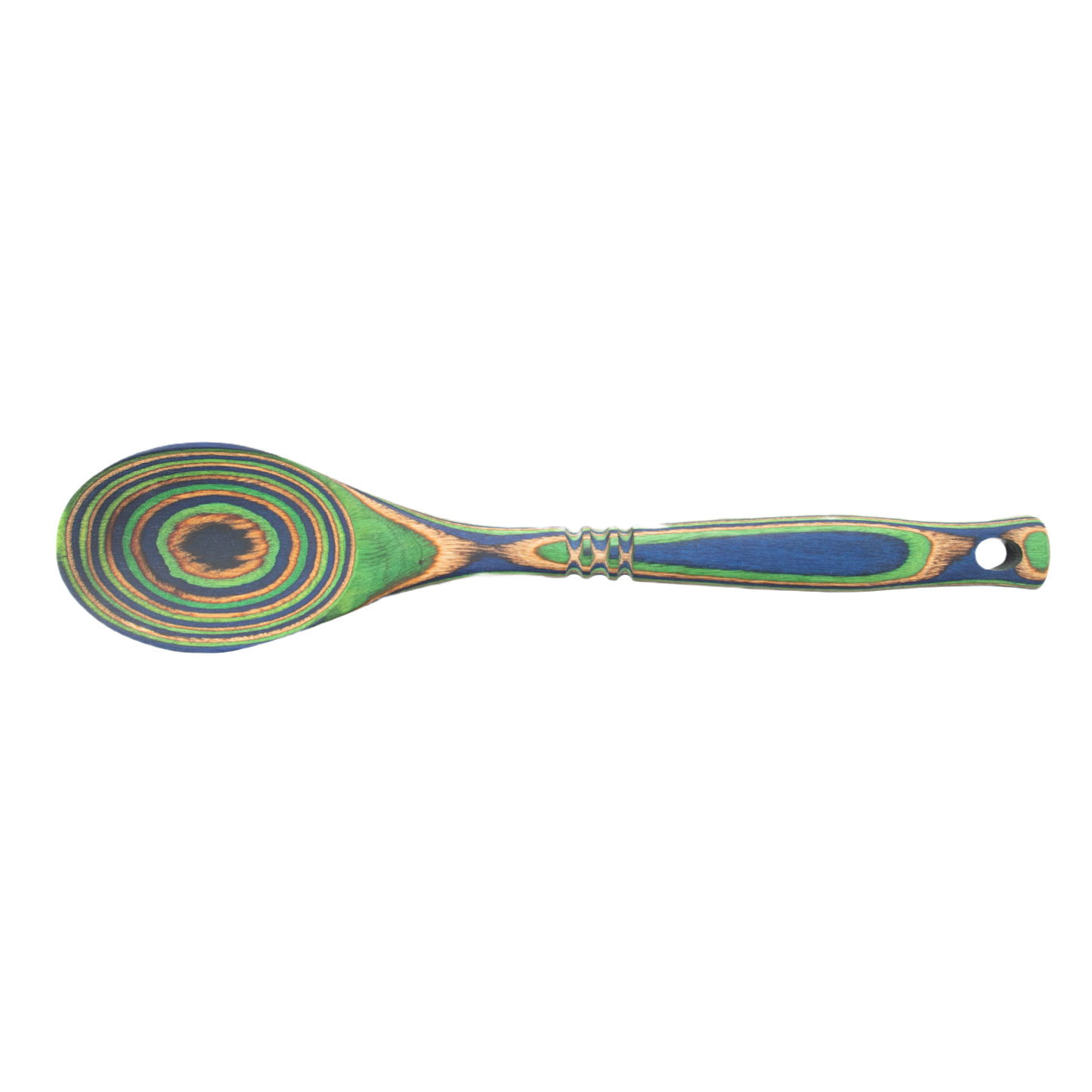 Multicolored Pakka wood cooking spoon with peacock design, ideal for kitchen utensils and gadgets collections under $50