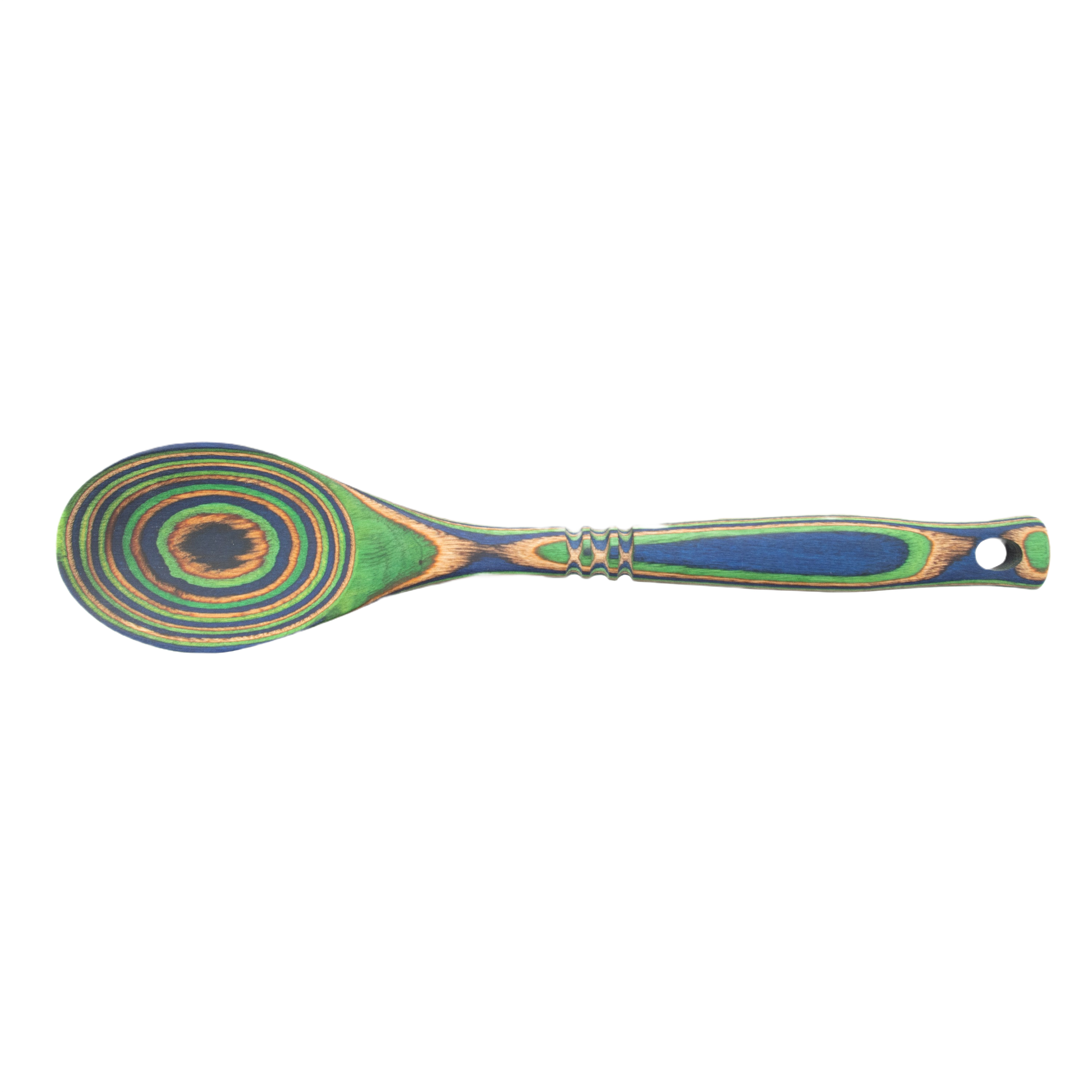 Multicolored Pakka wood cooking spoon with peacock design, ideal for kitchen utensils and gadgets collections under $50