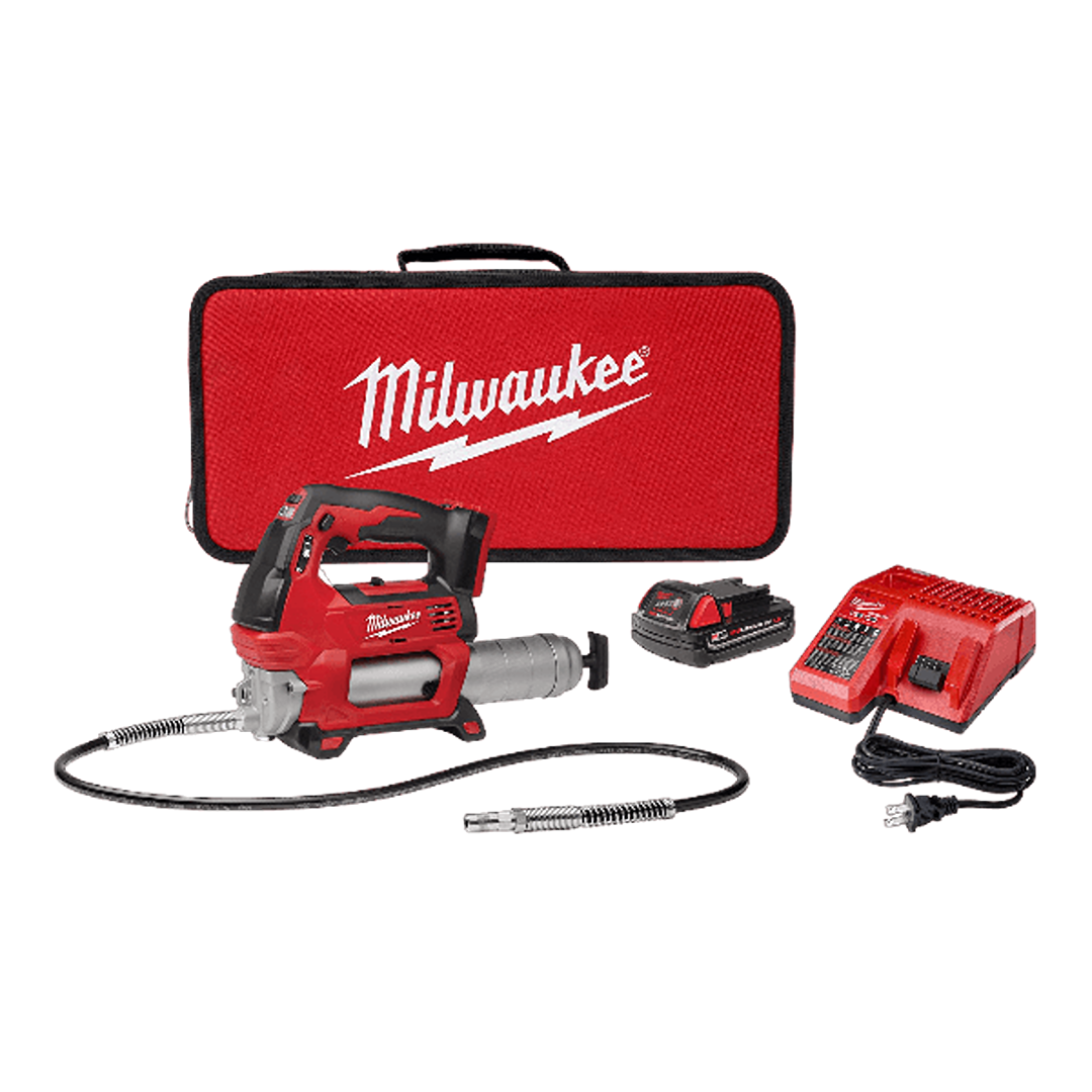 Cordless grease gun kit with flexible hose, rechargeable battery, charger, and red carrying case from Milwaukee Power Tools collection