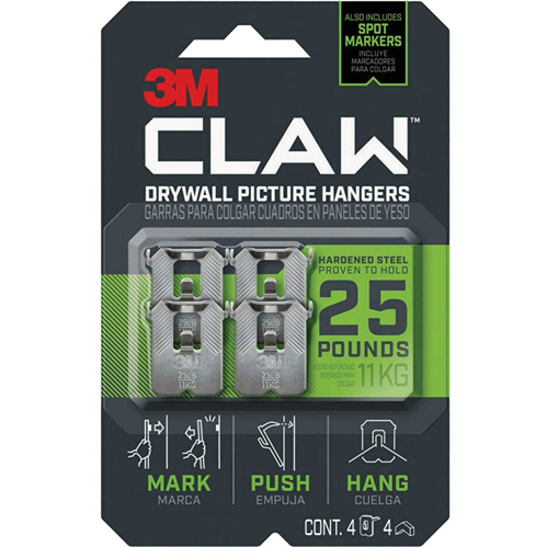 Set of four 3M steel claw picture hangers rated for 25 pounds, designed for drywall use in home improvement projects