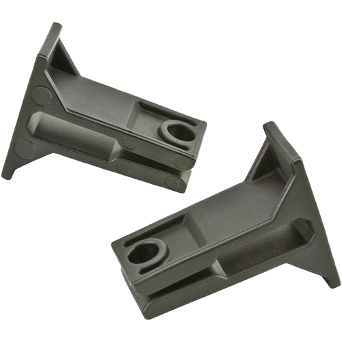 Pair of black plastic mounting brackets designed for securing and aligning rails in home improvement projects