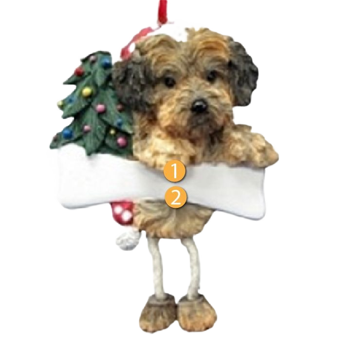 Personalized Yorkipoo dog ornament with dangling legs holding a Christmas stocking and decorated tree detail