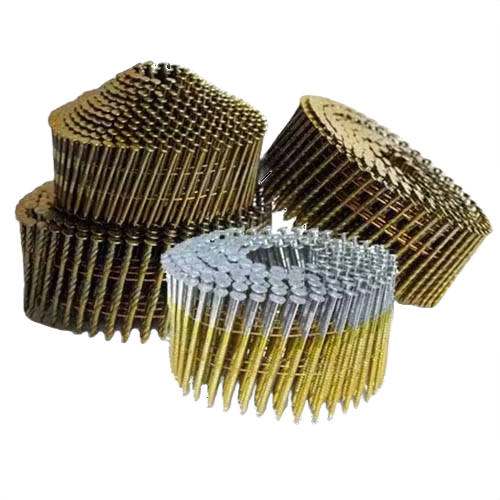 Coils of galvanized heat-treated T-nails in various sizes for hardware, fasteners, and home improvement projects.
