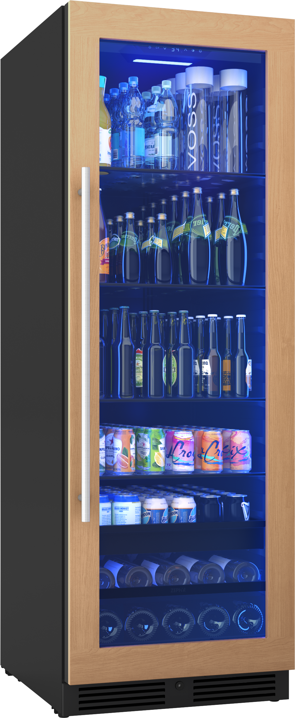 Full-size panel-ready beverage cooler with glass door, wooden frame, stocked with assorted drinks in Refrigerators at Hartville Hardware