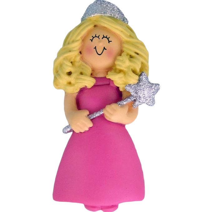 Blonde princess figurine wearing pink dress and glittery silver crown holding a star wand in Christmas Ornaments collection