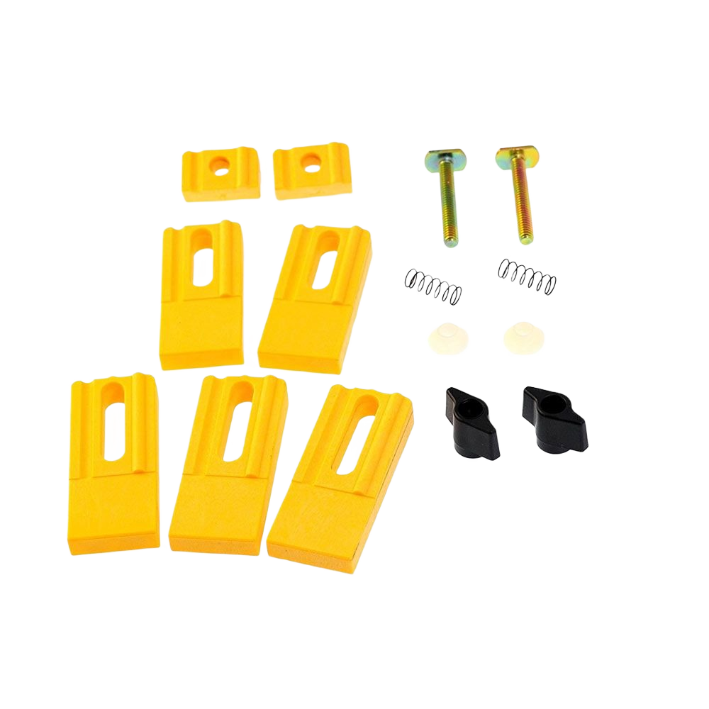 Set of yellow plastic saw accessories including clamps, bolts, springs, and small black fittings for power tool attachments under $50 collections