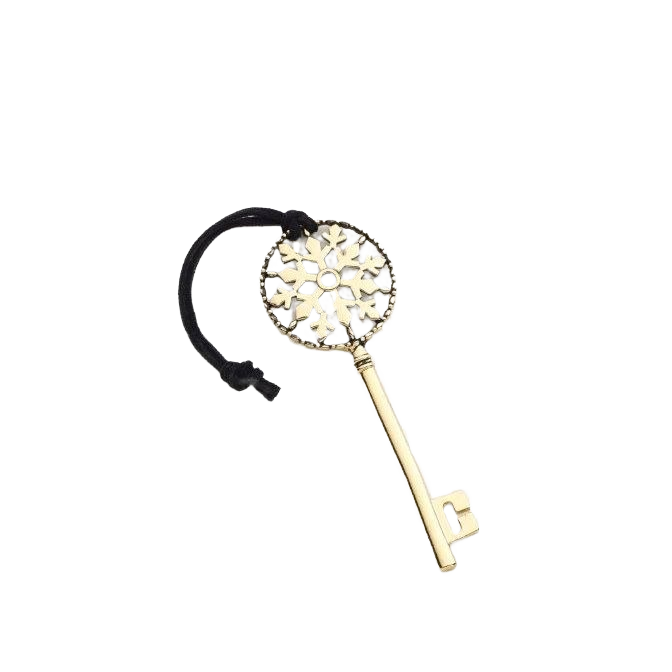 Gold-tone key ornament with decorative snowflake and black hanging loop in Christmas Ornaments & Tree Decorations collection under $50