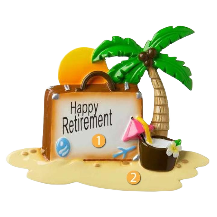 Retirement-themed Christmas ornament with suitcase, palm tree, and tropical drink in holiday decorations under $50 collection