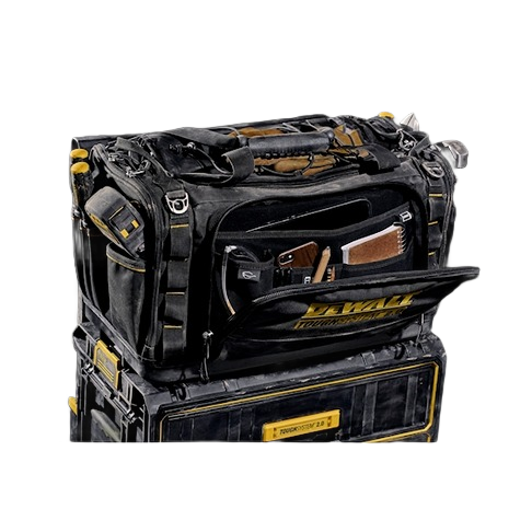Black and yellow vertical tool bag with top bungee cord and multiple pockets for organized jobsite and woodworking storage
