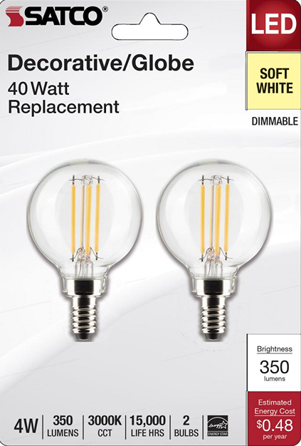 Two clear globe LED light bulbs with candelabra base offering soft white, dimmable lighting under $50 collections