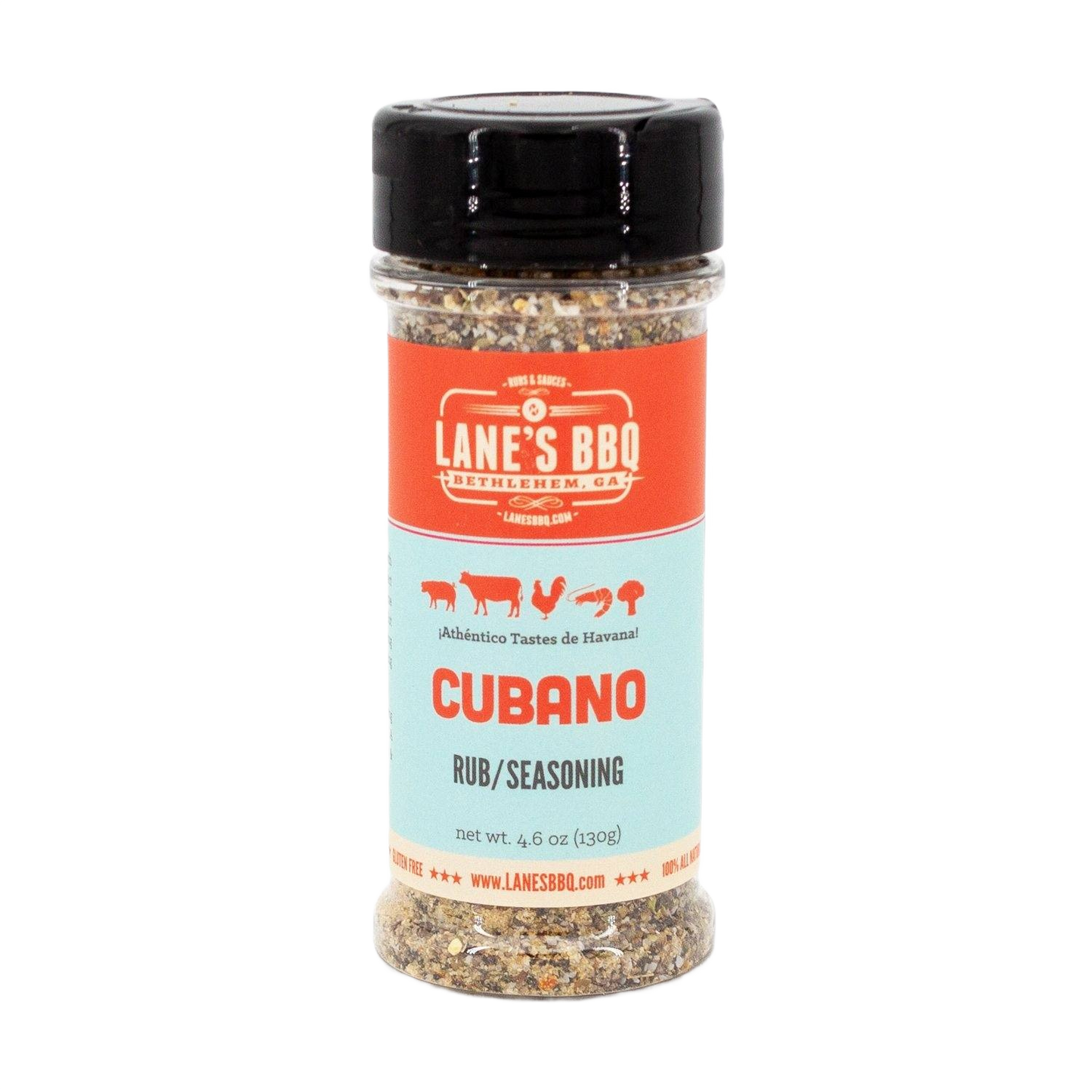 Clear plastic seasoning bottle with black lid containing Lane's Cubano rub featuring red and light blue label design