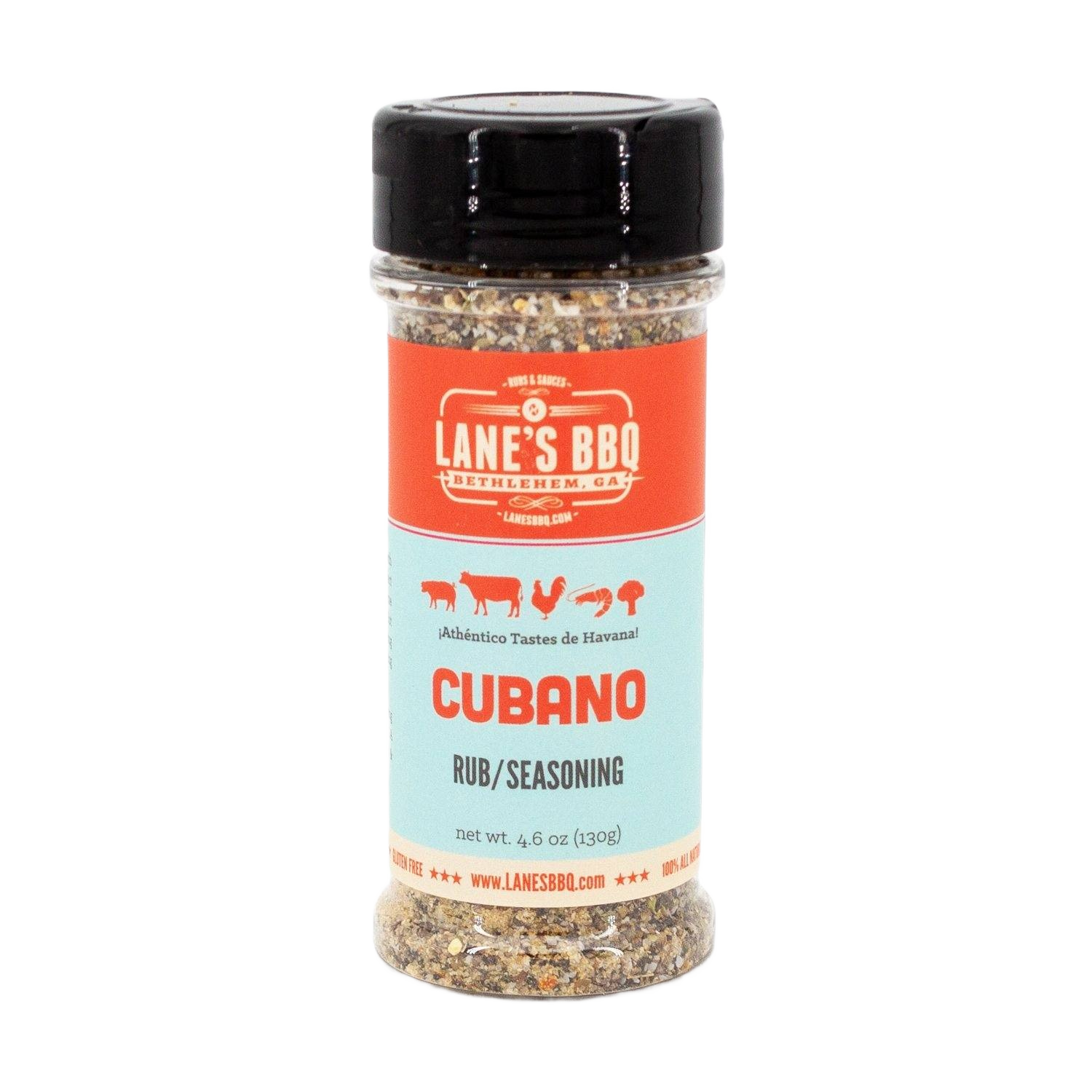 Clear plastic seasoning bottle with black lid containing Lane's Cubano rub featuring red and light blue label design