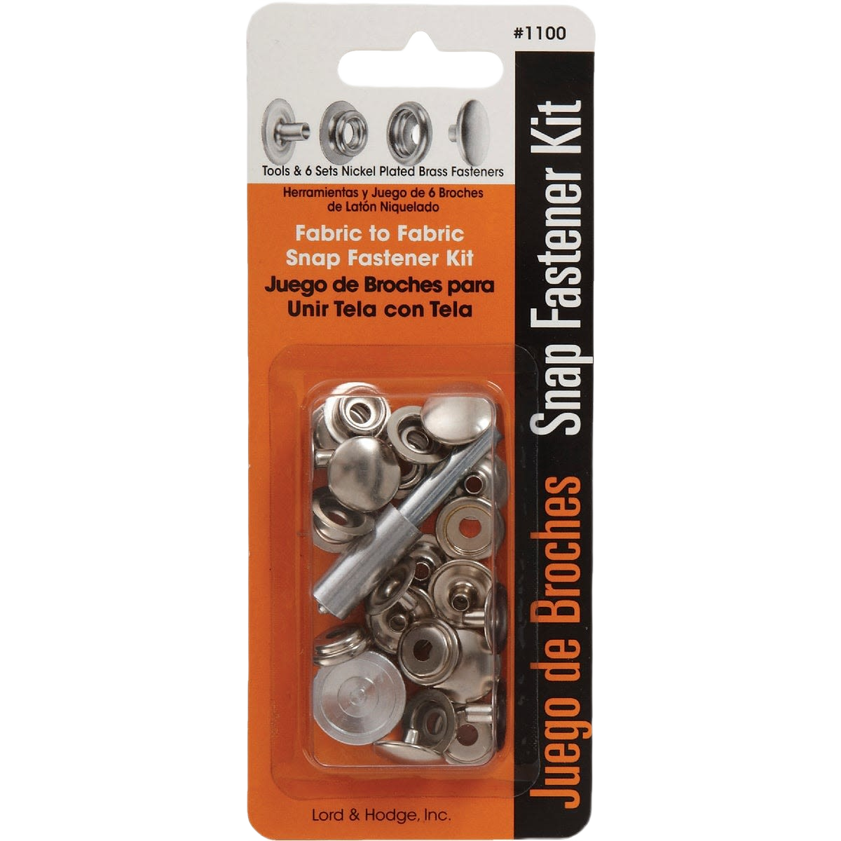 Metal snap fastener kit with nickel-plated brass components and installation tools for fabric and canvas projects