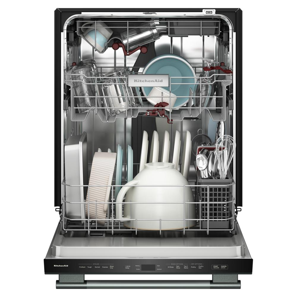 Open KitchenAid dishwasher loaded with clean dishes, cups, and utensils in stainless steel interior from Kitchen & Kitchenware collection