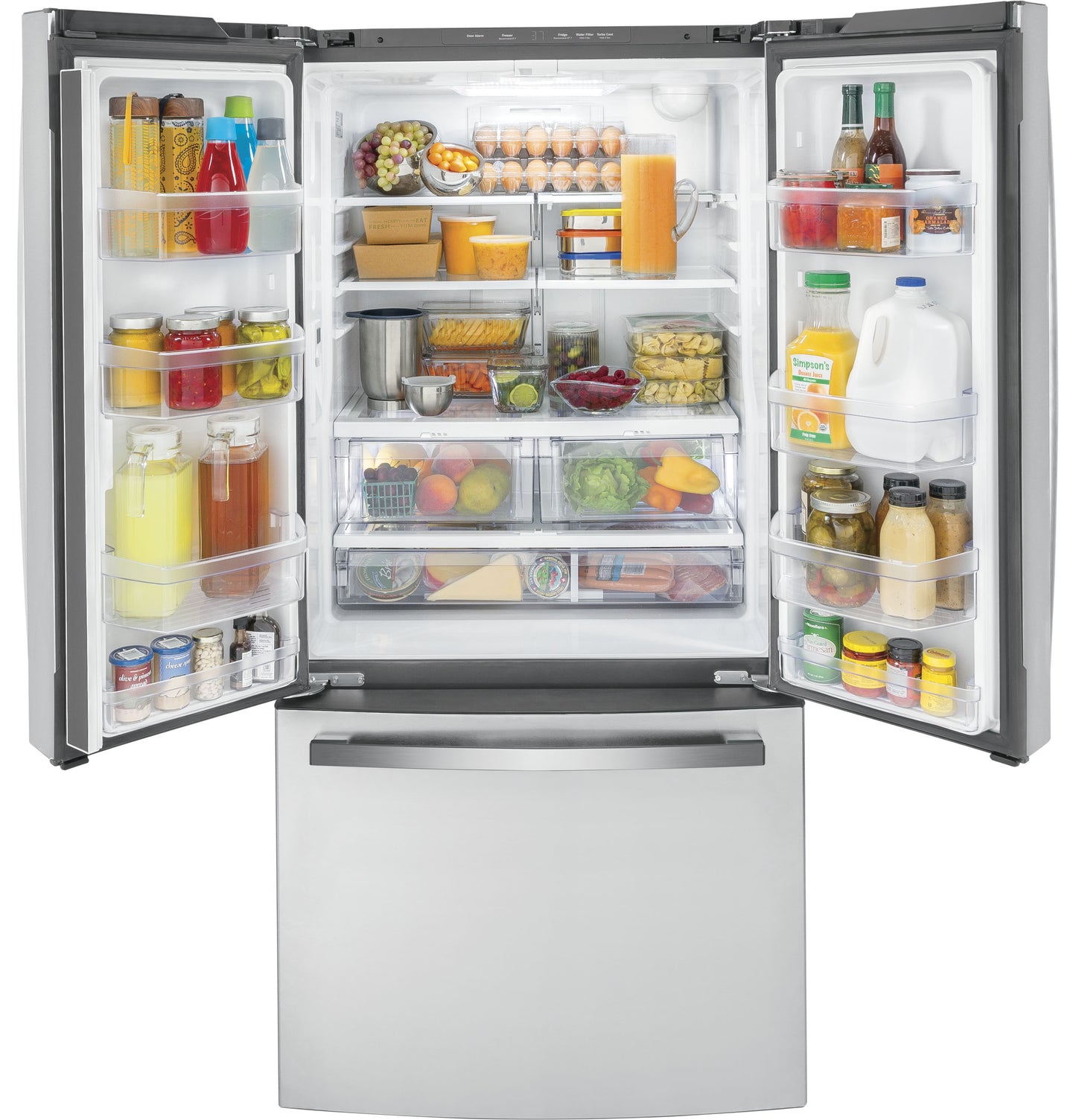 Open stainless steel counter-depth French-door refrigerator with organized fresh food storage and bottom freezer drawer in appliance collections