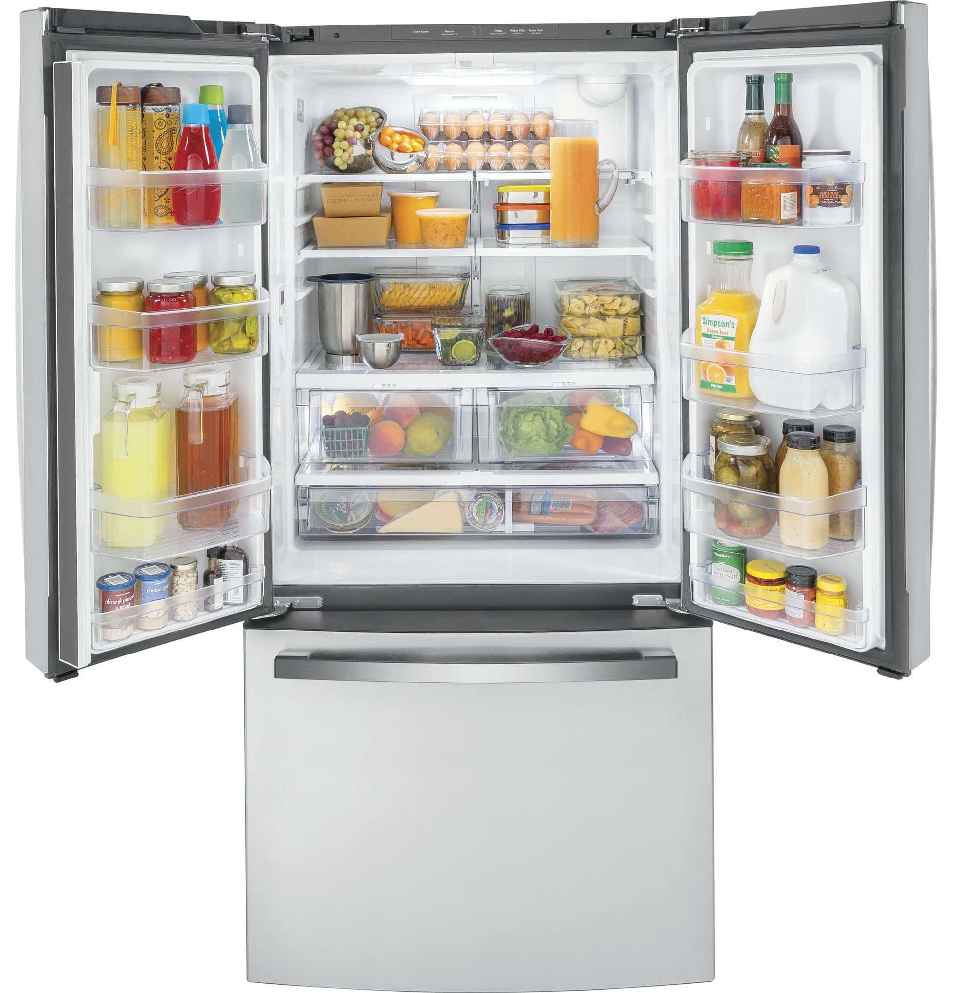 Open stainless steel counter-depth French-door refrigerator with organized fresh food storage and bottom freezer drawer in appliance collections