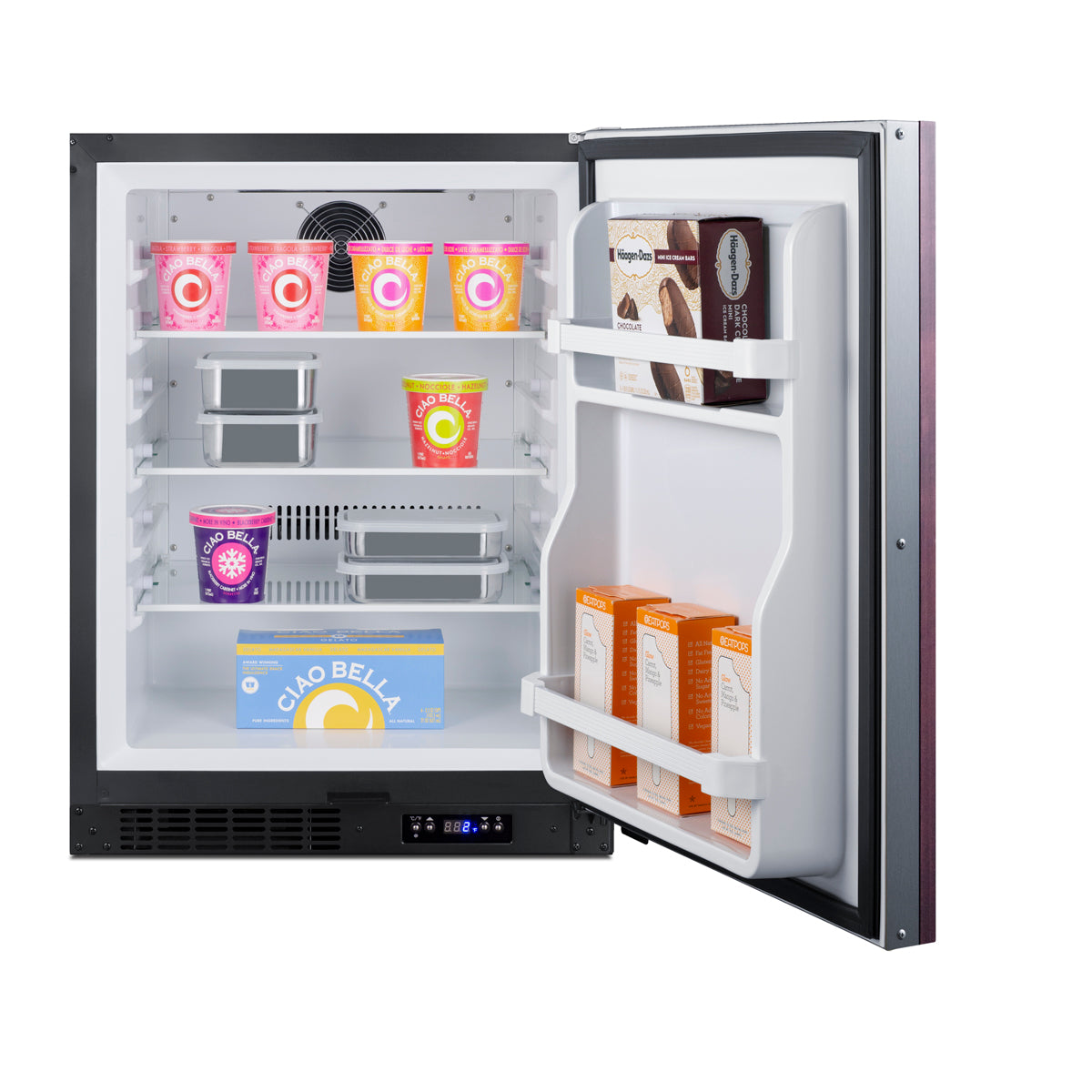 Opened built-in freezer with shelves holding colorful ice cream containers and boxed frozen treats inside kitchen appliances collection