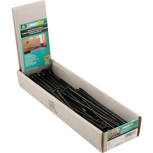 Box of black heavy-duty wood screws with star drive head for hardware and fasteners in home improvement collections