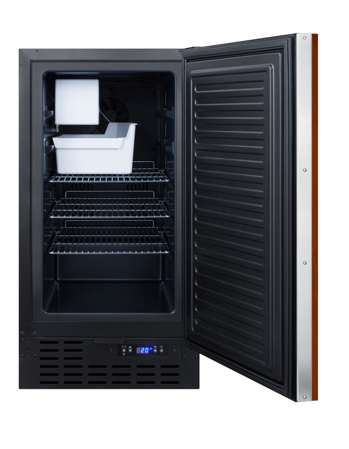 Open drain-free undercounter icemaker with wire shelves, ice bin, and digital control panel for kitchen appliances collection