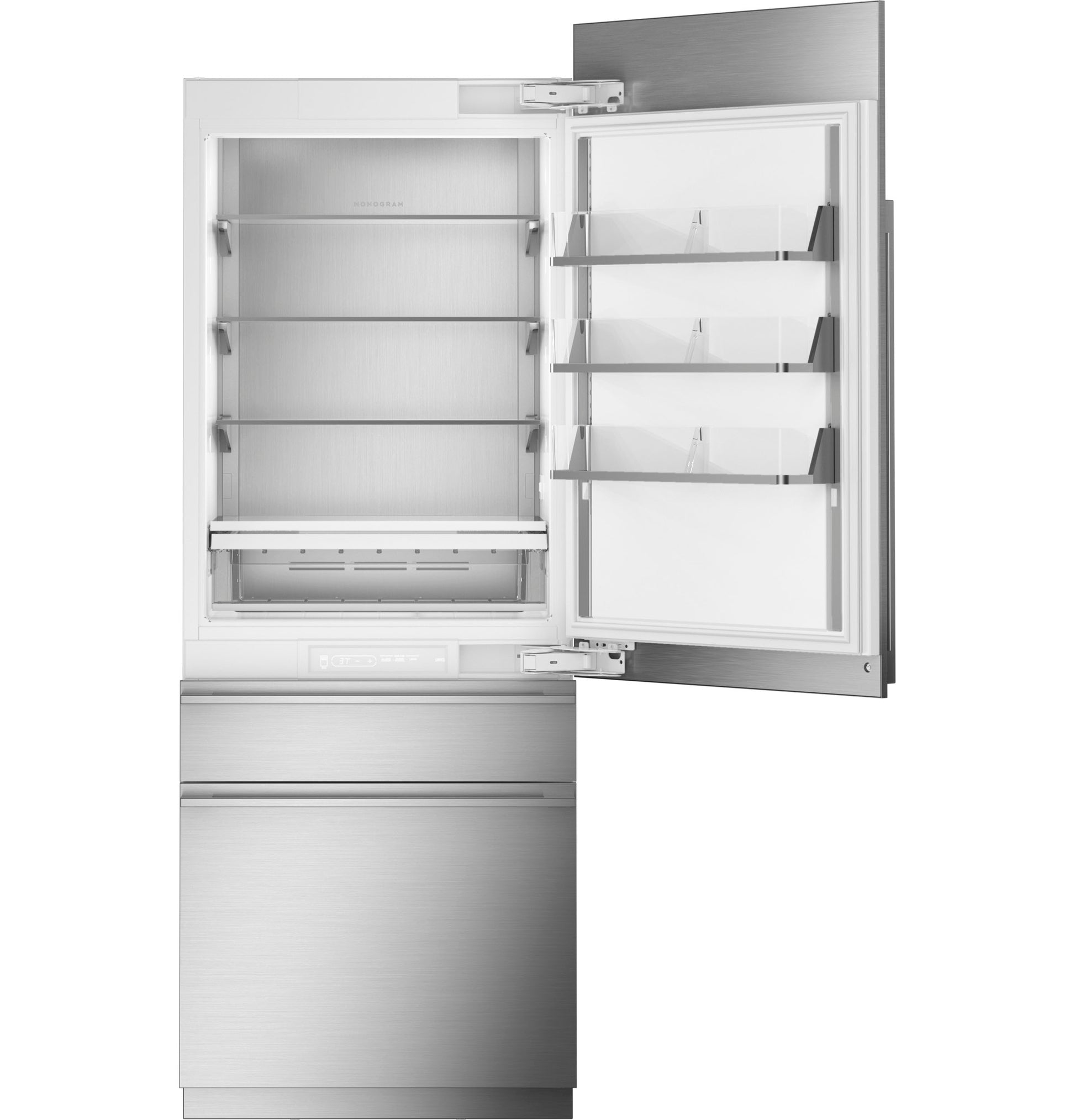 Open stainless steel integrated panel-ready refrigerator with adjustable shelves and bottom freezer drawer in kitchen appliances collection