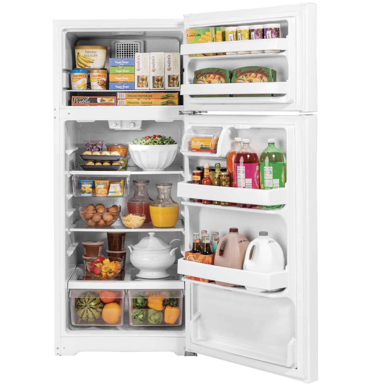 White top-freezer refrigerator with organized interior shelves and clear crisper drawers from kitchen appliances collection