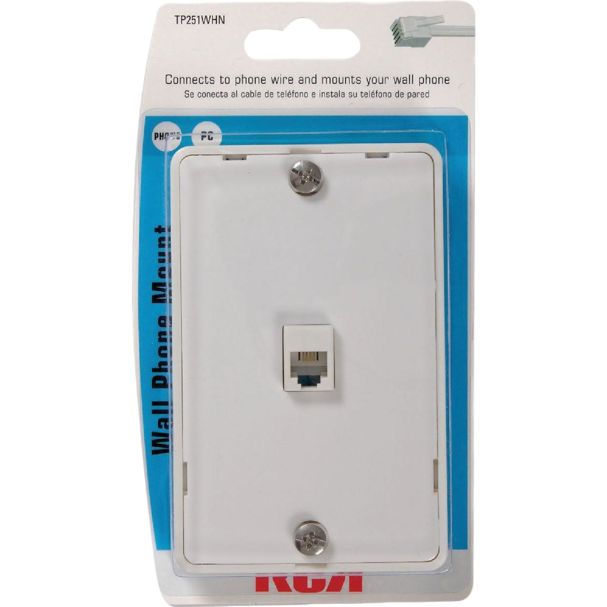 White plastic wall telephone jack with mounting screws for home improvement and tools use