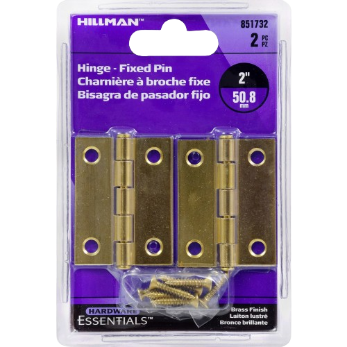 Two 2-inch brass door hinges with fixed pins and mounting screws for tools and home improvement projects