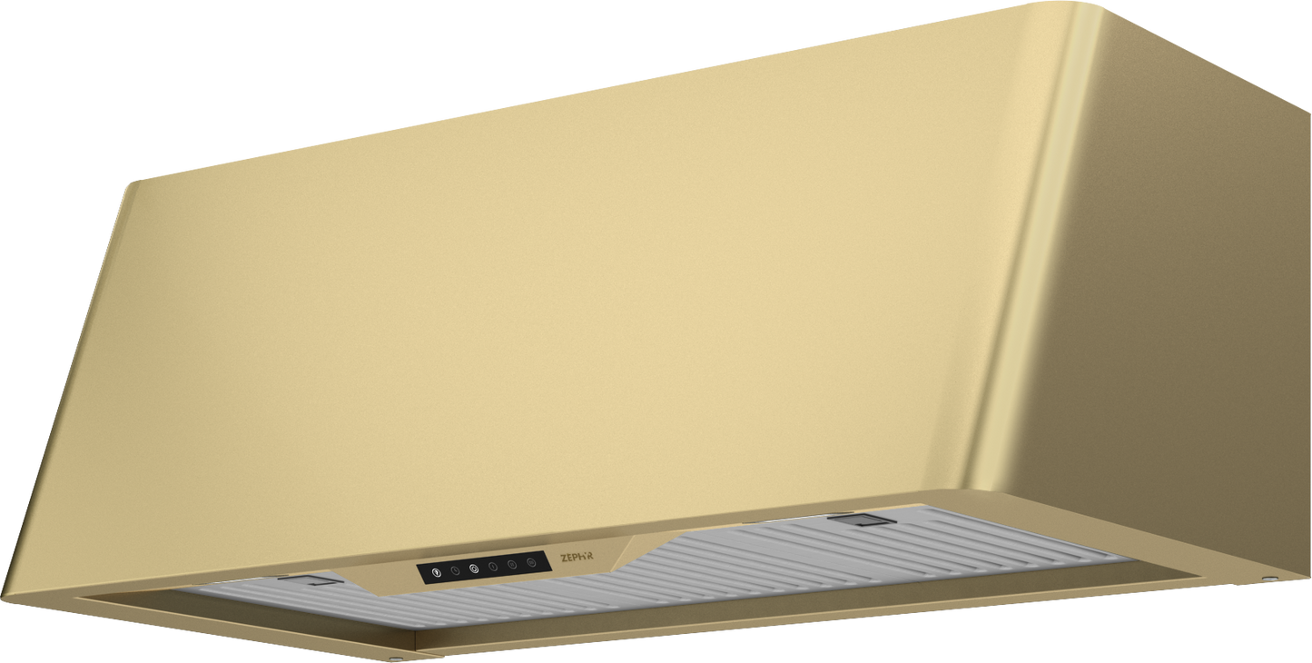 satin gold wall-mounted range hood with hybrid baffle filters and invisible touch controls for kitchen ventilation