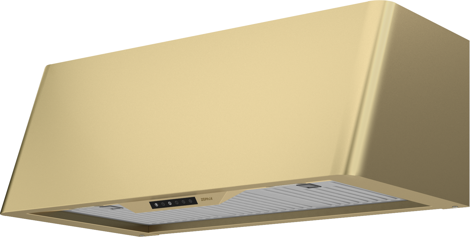 satin gold wall-mounted range hood with hybrid baffle filters and invisible touch controls for kitchen ventilation